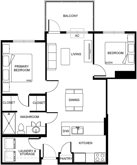 Floor plan for 2 beds, 1 bath, 1092 sqft